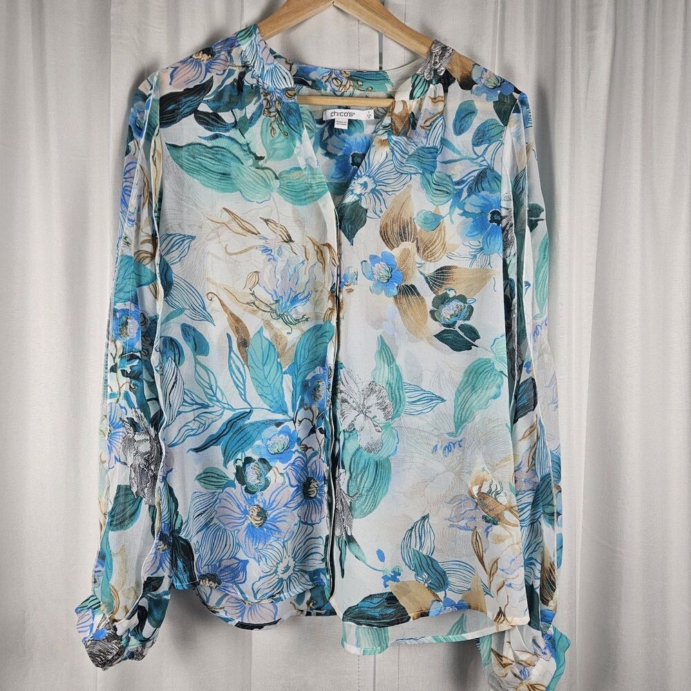 Chico's Floral Chiffon Sheer Long Sleeve Button V-Neck Blouse Top Size 1
